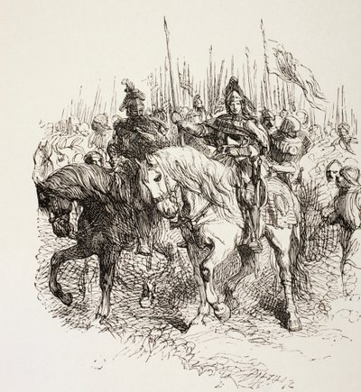 Medieval army on the march led by knights on horseback, from 